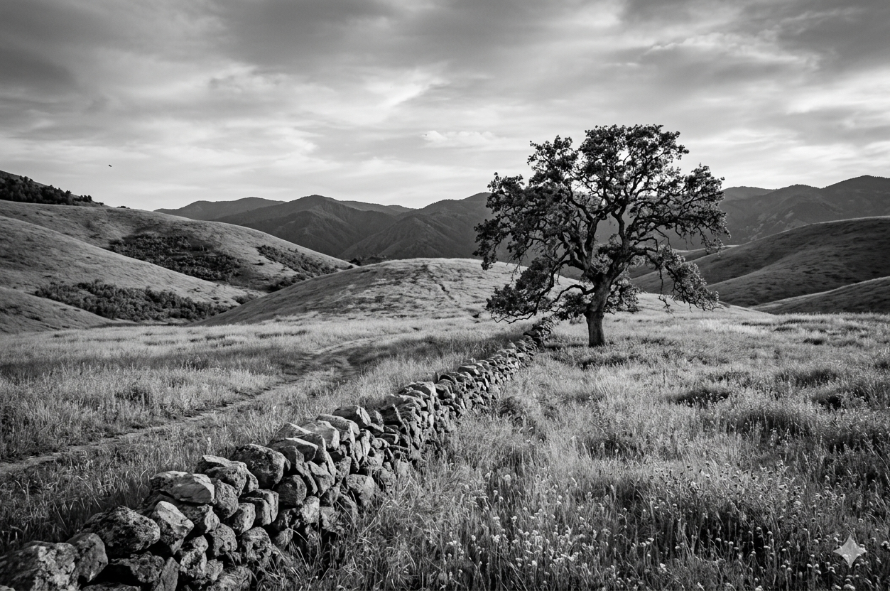 Fotografía en blanco y negro de un árbol solitario y una pirca de piedra en un paisaje natural, representando la resiliencia y la adaptación en el artículo de acción climática.