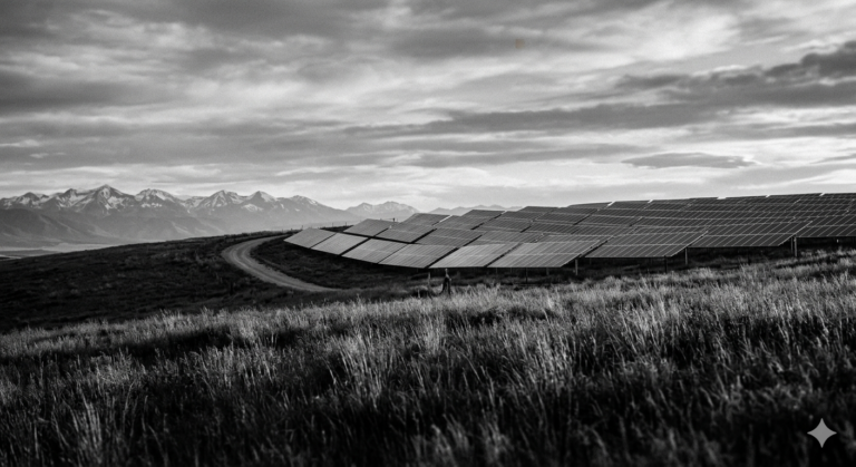 Fotografía en blanco y negro de un árbol solitario y una pirca de piedra en un paisaje natural, con paneles fotovoltaicos, representando la resiliencia y la adaptación en el artículo de hoja de ruta.