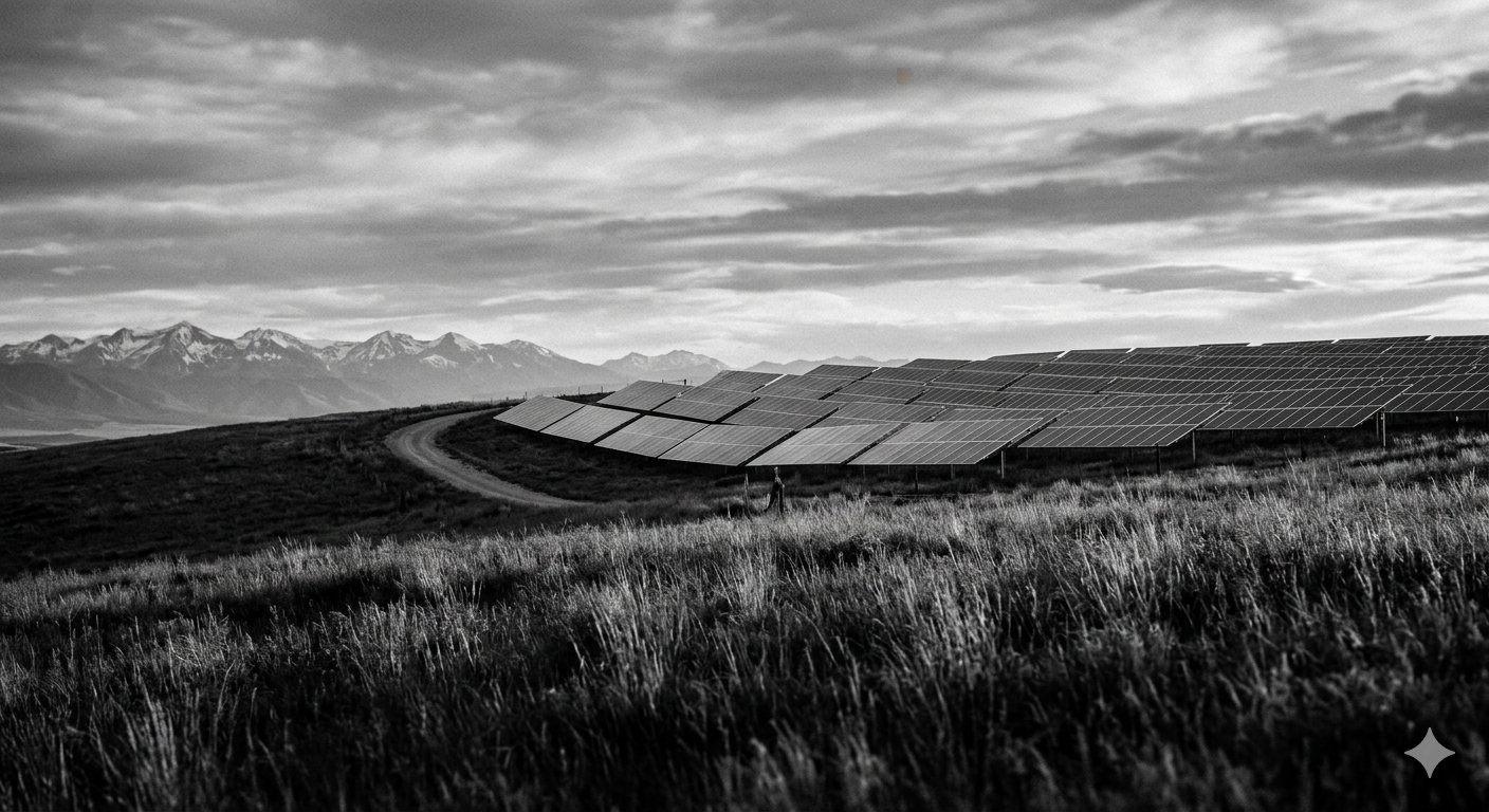 Fotografía en blanco y negro de un árbol solitario y una pirca de piedra en un paisaje natural, con paneles fotovoltaicos, representando la resiliencia y la adaptación en el artículo de hoja de ruta.