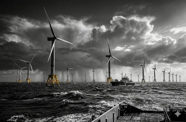 Fotografía de un parque eólico offshore.