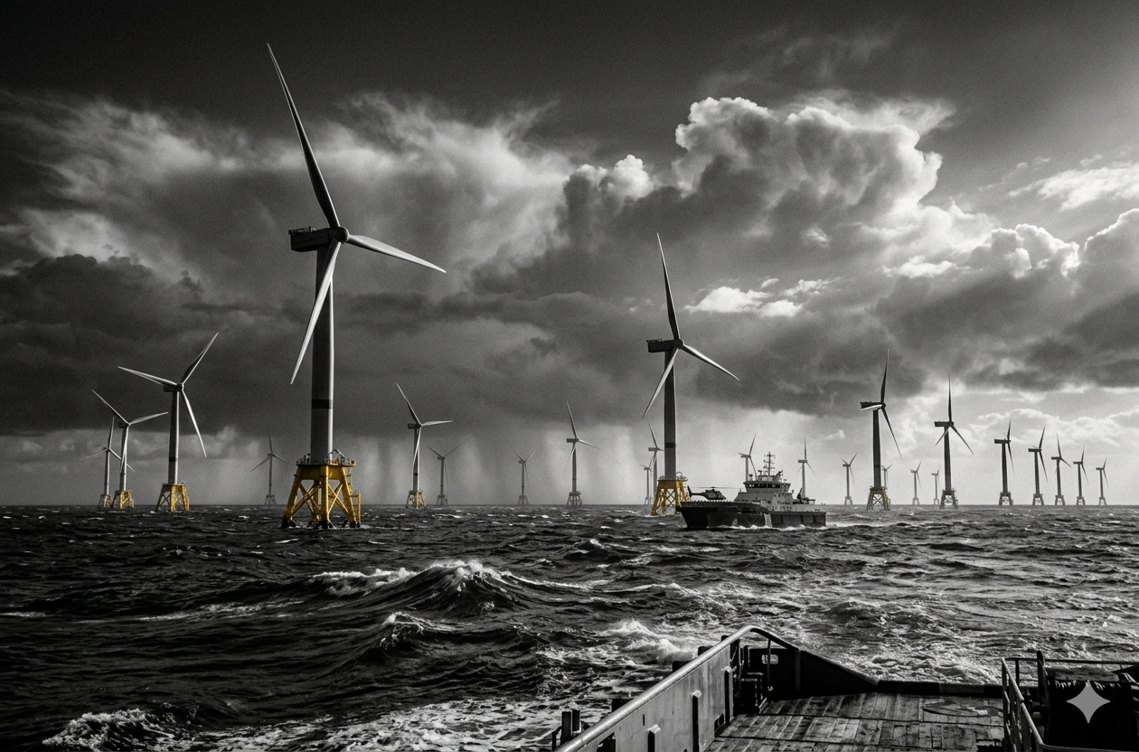 Fotografía de un parque eólico offshore.